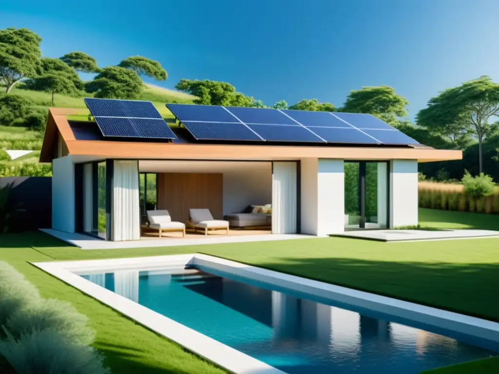 Sistema solar independiente para hogar: moderna vivienda sostenible con paneles solares integrados en su arquitectura, rodeada de naturaleza exuberante