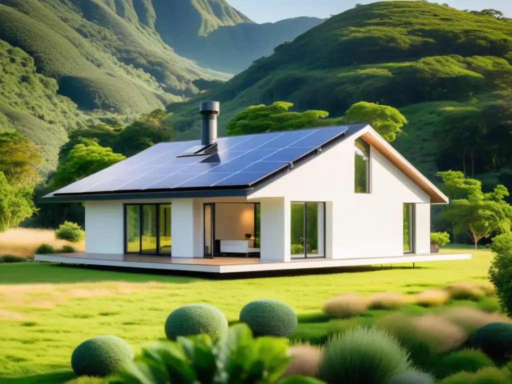 Sistema solar independiente para hogar: moderna casa offgrid con paneles solares rodeada de exuberante vegetación, armonía tecnología-naturaleza