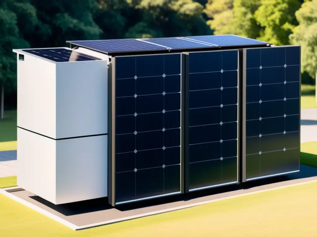 Un sistema solar residencial minimalista con almacenamiento de energía integrado, mostrando diseño moderno y eficiencia