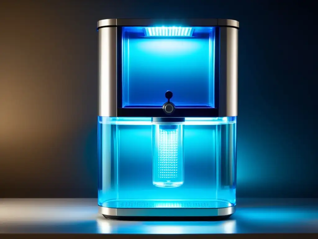 Un sistema sostenible de purificación de agua con diseño moderno y tecnología avanzada, iluminado por luces LED