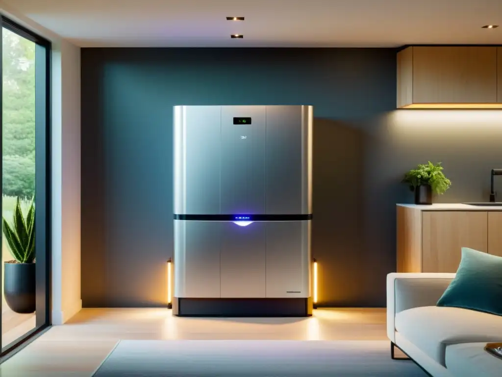 Un sistema de microcogeneración sostenible para hogares, integrado en un ambiente minimalista y elegante, con tecnología eficiente y materiales sostenibles