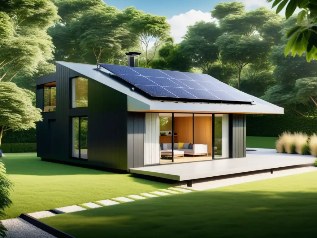 Sistemas de almacenamiento energético para hogares: Imagen de una casa moderna con paneles solares y baterías, rodeada de naturaleza