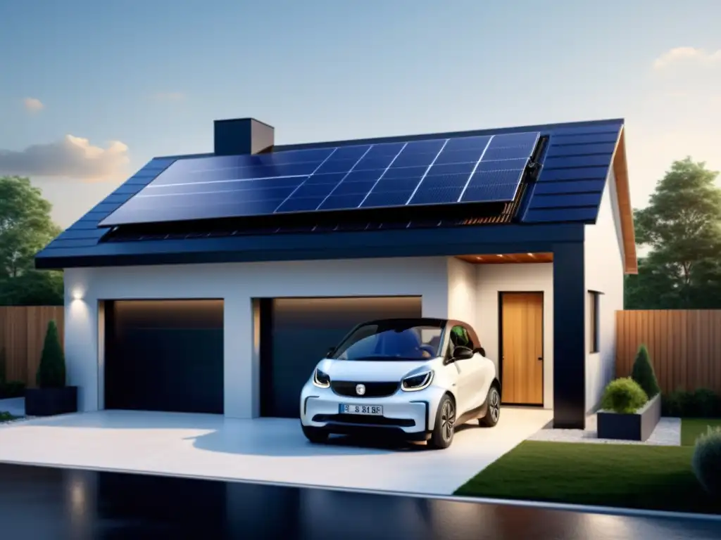 Integrando sistemas almacenamiento energía hogar: Moderna casa con paneles solares y sistema de almacenamiento de energía compacto en el garaje