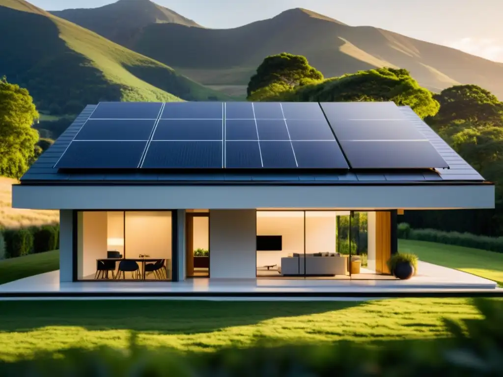 Sistemas de almacenamiento para paneles solares: Casa elegante con paneles solares integrados en arquitectura moderna y paisaje vibrante