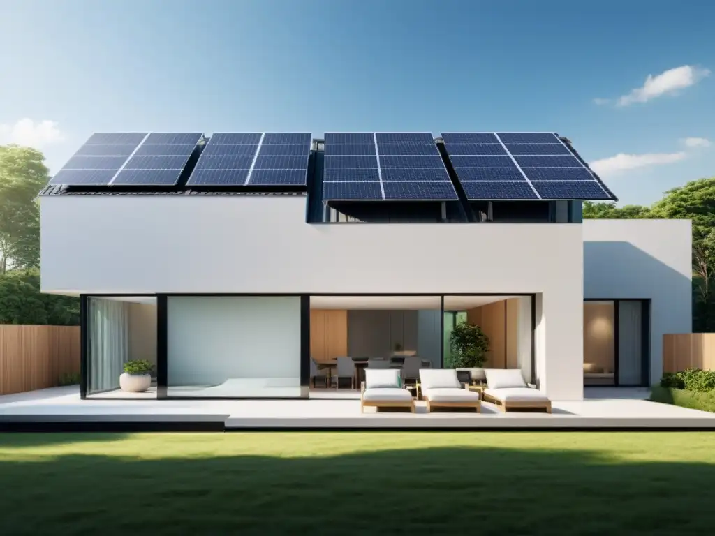 Sistemas híbridos de almacenamiento energético integrados en moderno edificio residencial, con paneles solares y generador de respaldo