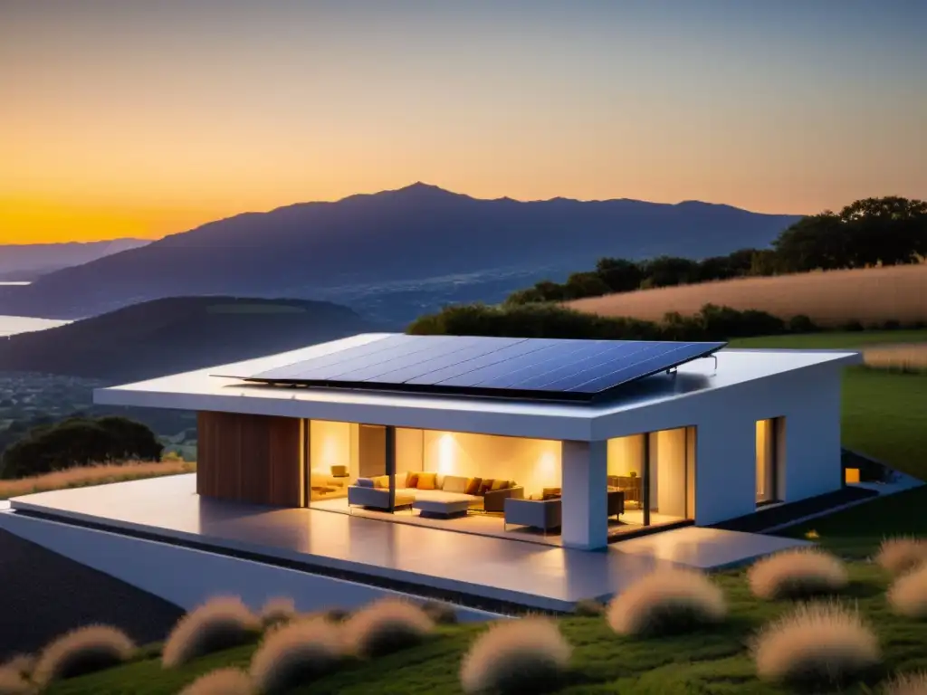 Sistemas híbridos de almacenamiento de energía: Casa moderna con paneles solares integrados, iluminada por el cálido atardecer