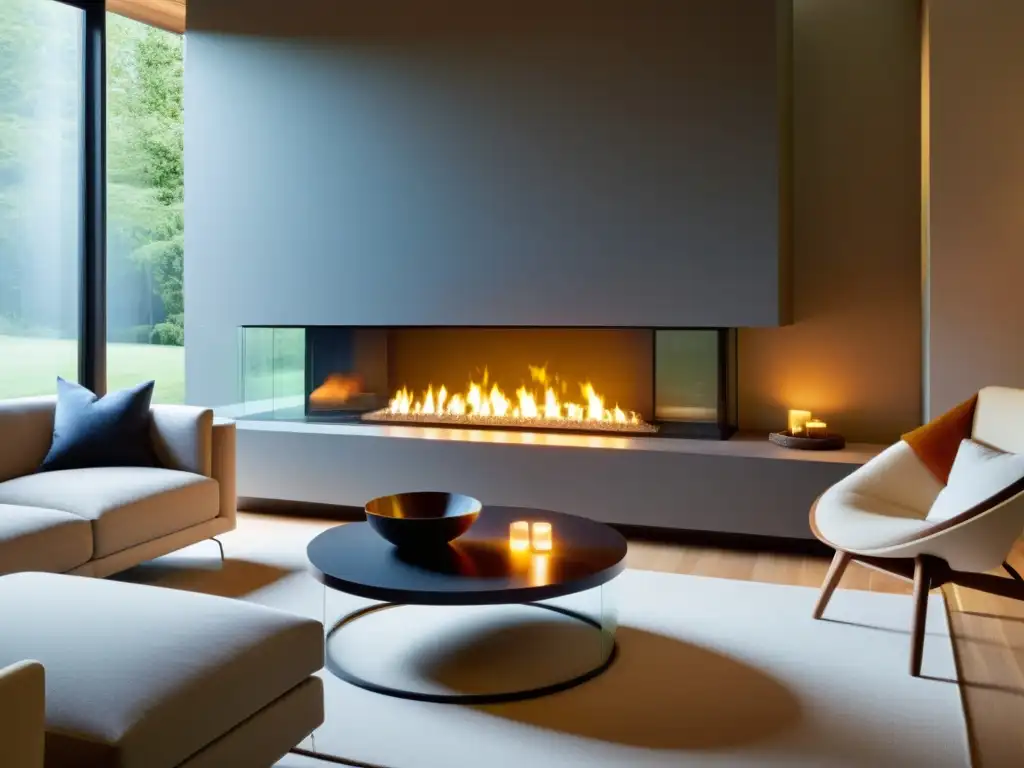 Sistemas híbridos de calefacción eficientes en un salón acogedor con chimenea moderna y mobiliario minimalista iluminado cálidamente