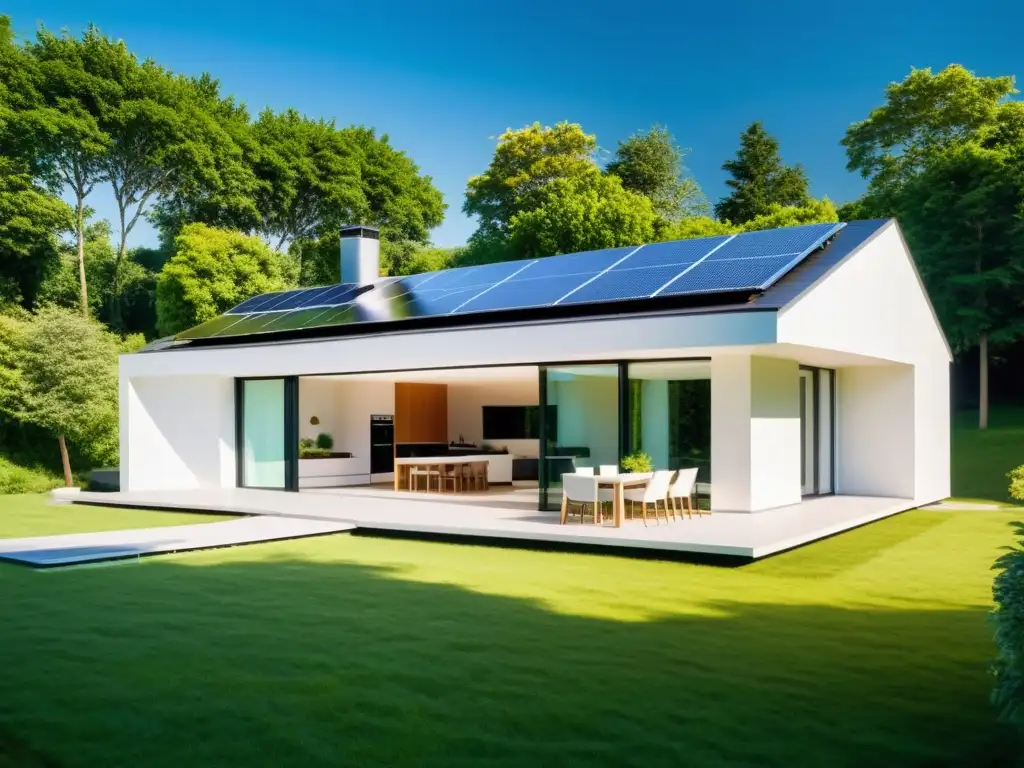 Sistemas híbridos de energía renovable: Casa moderna y energéticamente eficiente con paneles solares, rodeada de exuberante vegetación