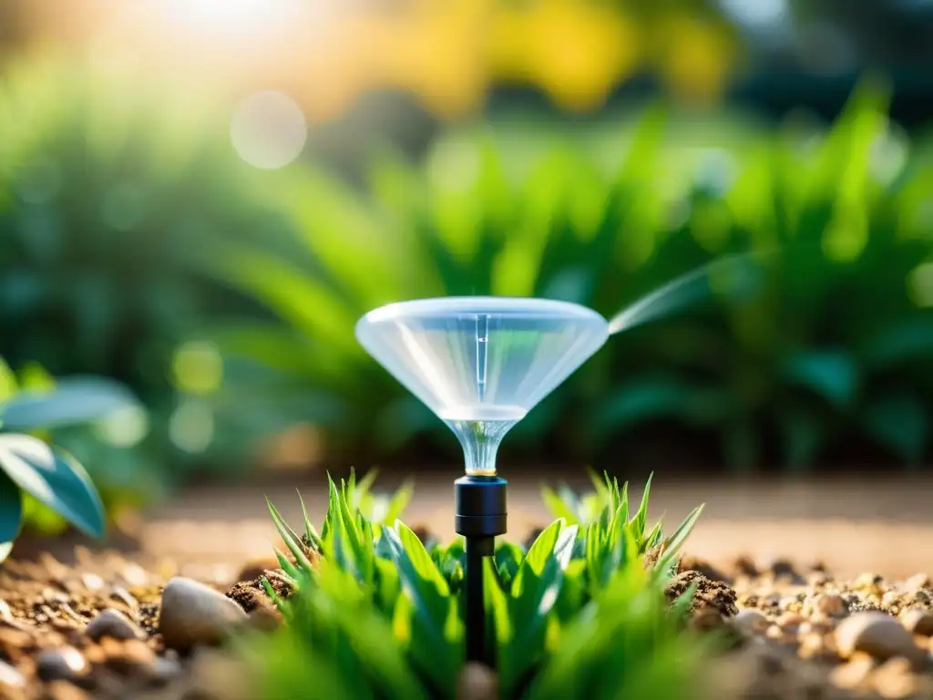 Sistemas inteligentes para riego sostenible en jardín exuberante, bañado por luz dorada, integrando tecnología con la naturaleza