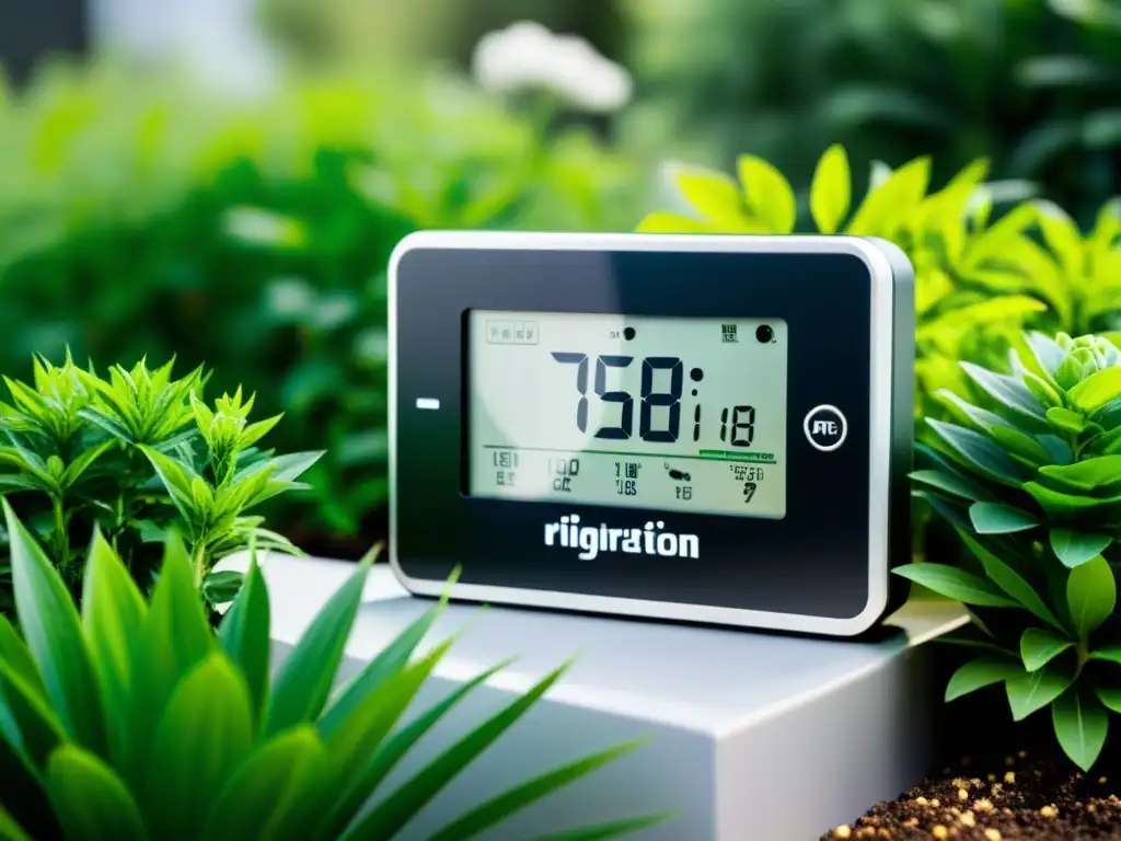 Sistemas inteligentes para riego sostenible: Controlador moderno de riego en jardín exuberante con tecnología avanzada y plantas sanas