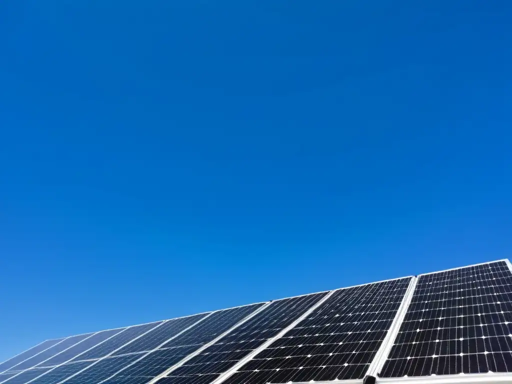 Sistemas de montaje solar seguros: Detalles precisos y duraderos, con paneles solares contra un cielo azul, destacando su fiabilidad y seguridad