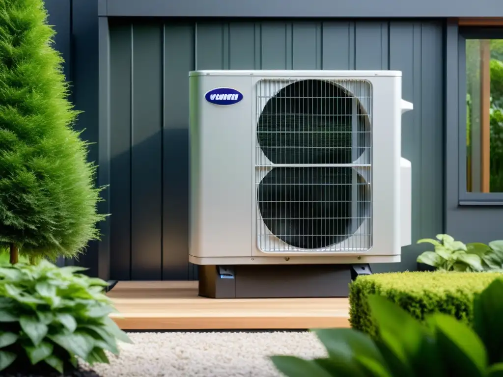 Sistemas de climatización renovable sostenible: Una bomba de calor de diseño moderno instalada en una casa contemporánea, rodeada de vegetación
