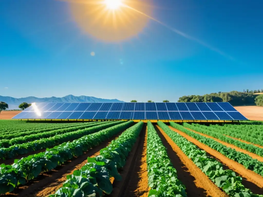 Sistema de riego solar: innovación sostenible en la agricultura Sistemas de riego automático solar en acción, bañados por la cálida luz dorada del sol, irrigando cultivos exuberantes bajo un cielo azul claro