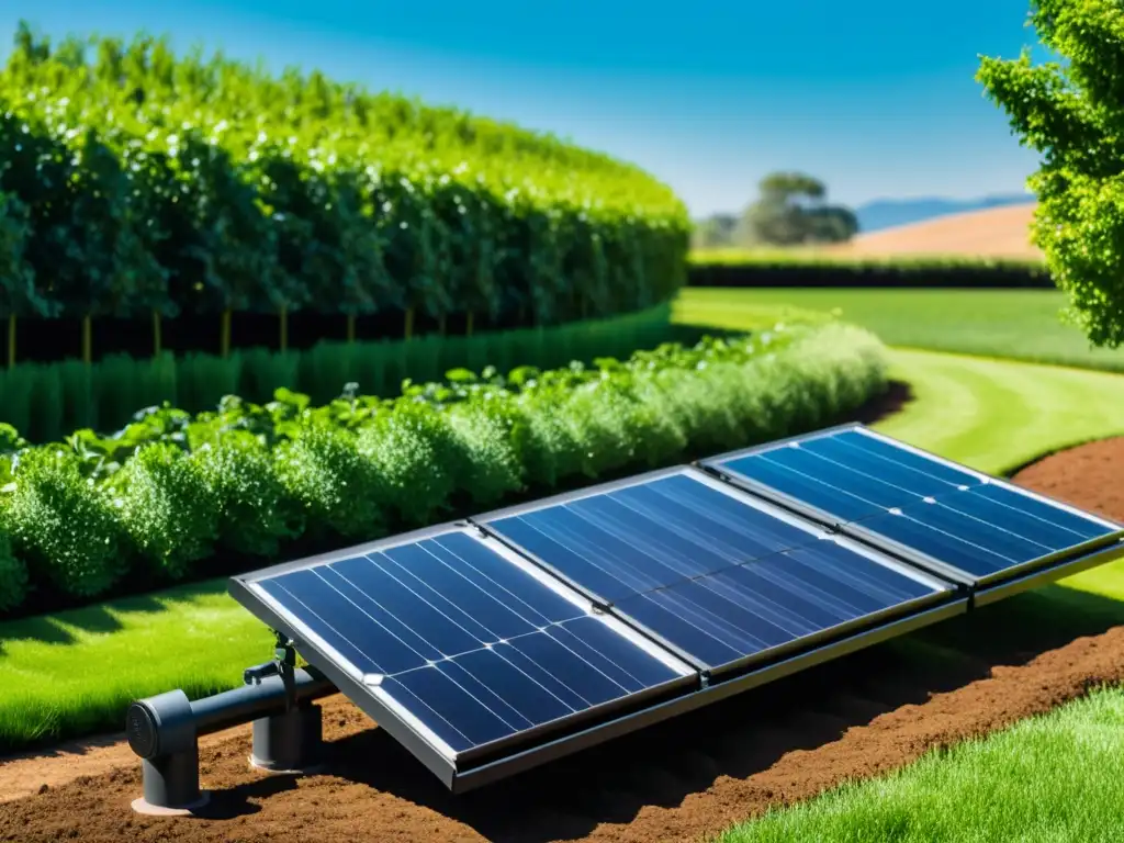 Sistemas de riego solar sostenible en jardín verde, moderno y eficiente, mostrando armonía entre naturaleza y tecnología