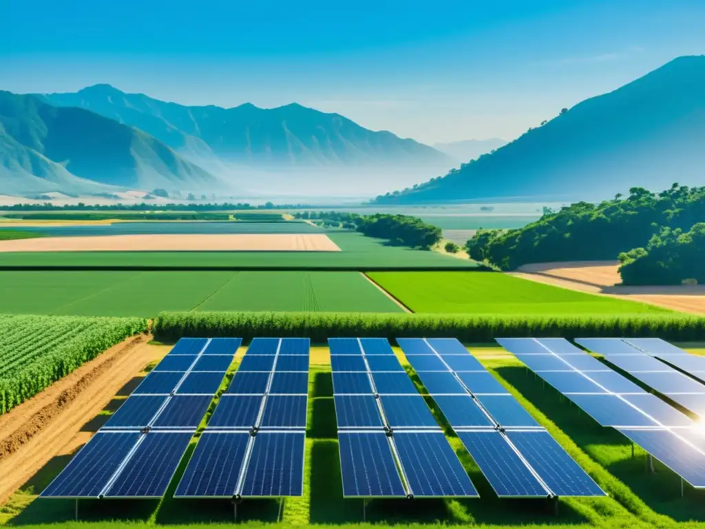 Sistemas de riego solar sostenible en armonía con la naturaleza, bajo el cielo azul y campos verdes exuberantes