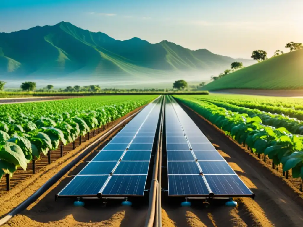 Sistemas de riego solar sostenible en campos verdes, tecnología innovadora y armonía con la naturaleza