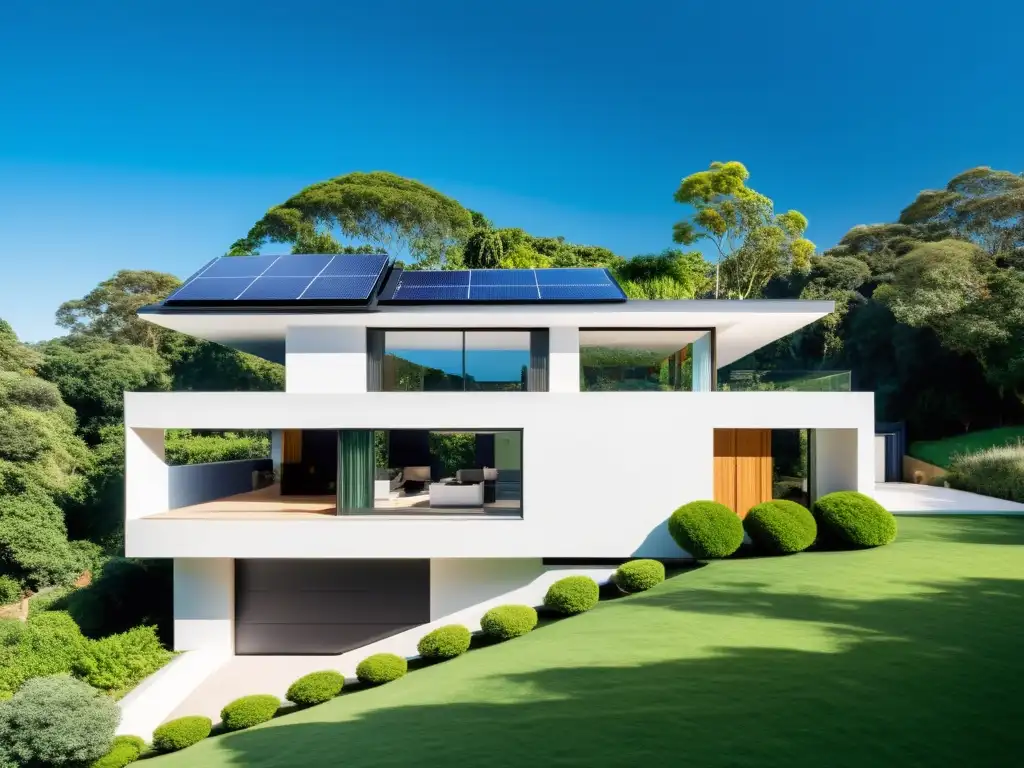 Sistemas de seguridad ecológicos para hogar integrados con elegancia en arquitectura moderna, con paneles solares y entorno natural exuberante