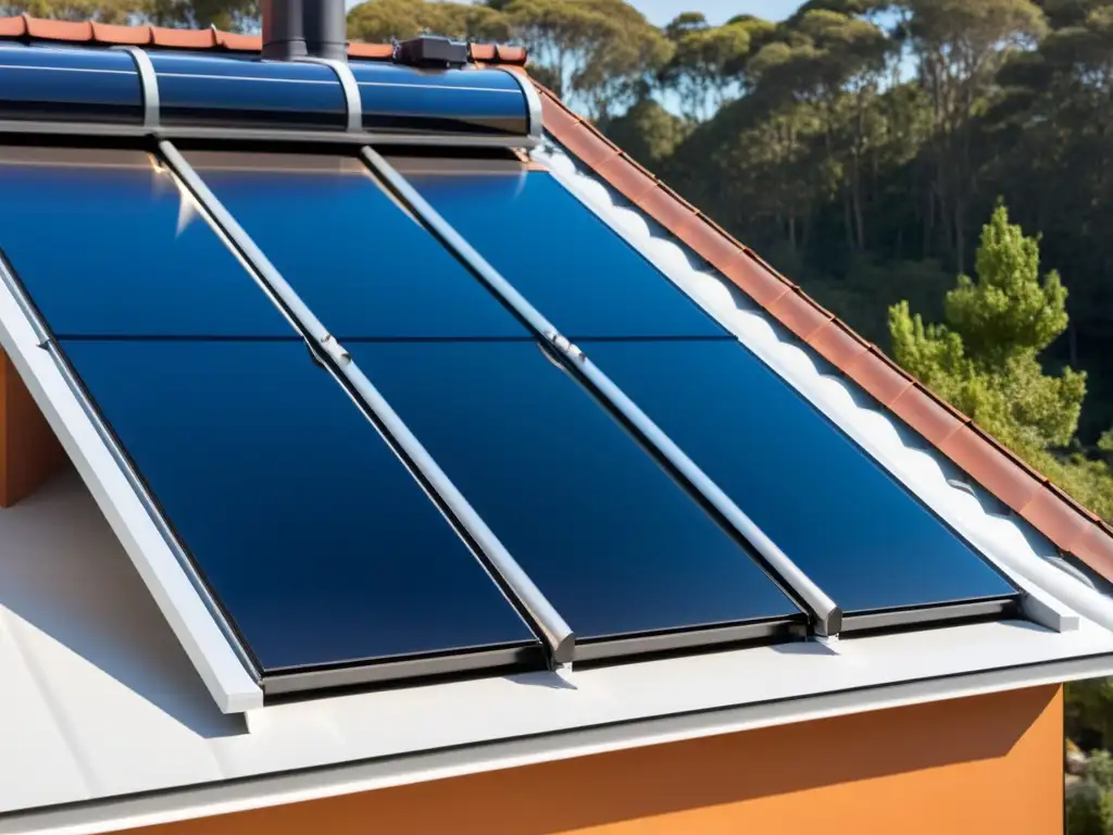 Sistemas solares térmicos para hogar: moderna instalación en techo, paneles brillantes y tecnología avanzada, ecoamigable