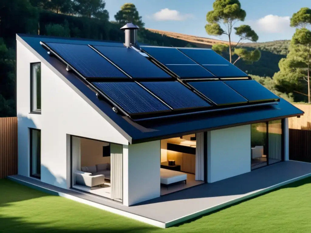 Sistemas solares térmicos para hogar: Ilustración minimalista de un moderno sistema solar integrado en una casa sostenible y elegante