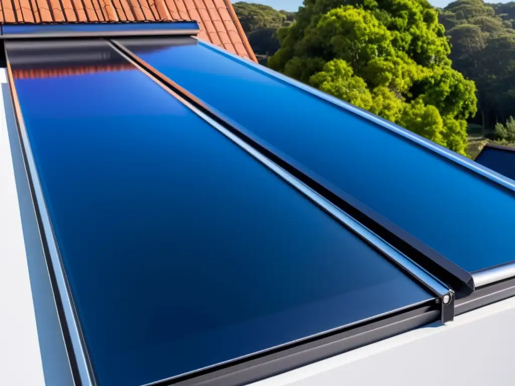 Sistemas solares térmicos para hogar: una imagen detallada y minimalista de paneles solares integrados en la arquitectura de una casa moderna