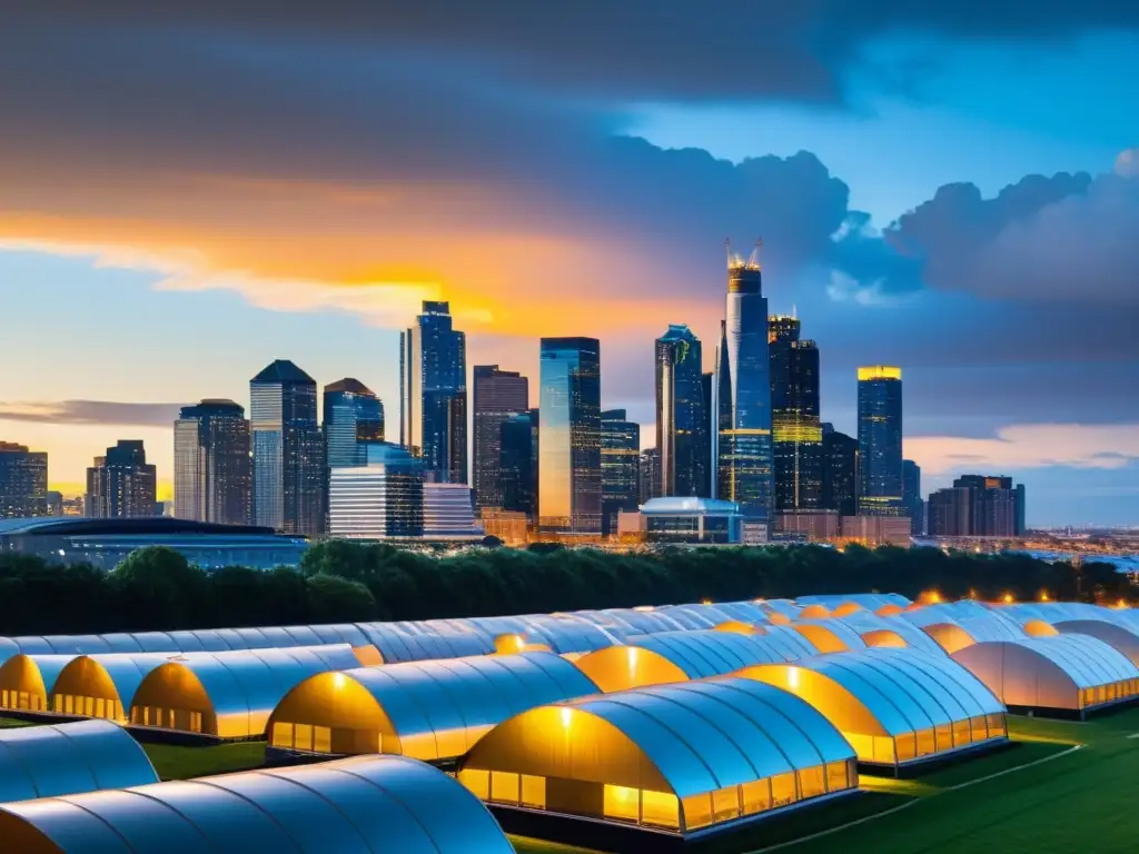 Skyline urbano al anochecer con edificios modernos iluminados por una cálida luz dorada, mostrando la integración de bioenergía en zonas urbanas