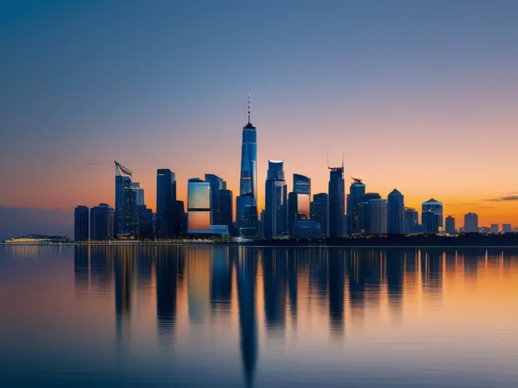 Un skyline urbano moderno al atardecer, con rascacielos iluminados y un cuerpo de agua sereno, evocando equilibrio y avance