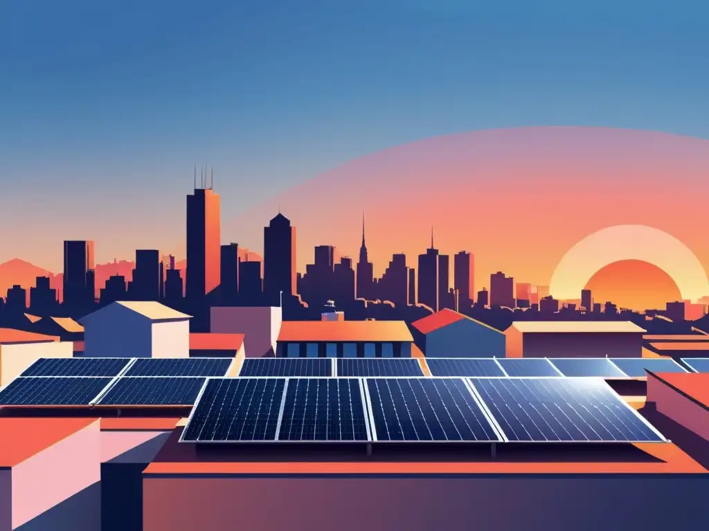 Un skyline urbano con paneles solares en los techos, proyectando sombras largas al atardecer