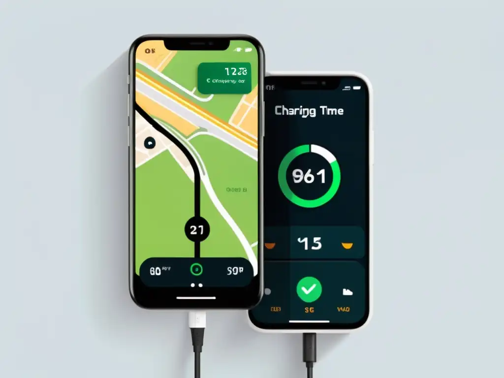 Un smartphone muestra una app de carga de autos eléctricos con diseño intuitivo y mapa de fondo