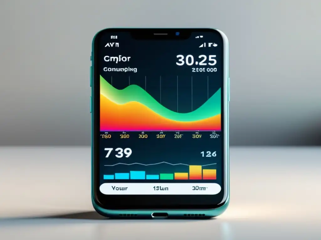 Smartphone con app para monitoreo de consumo energético en interfaz minimalista y futurista