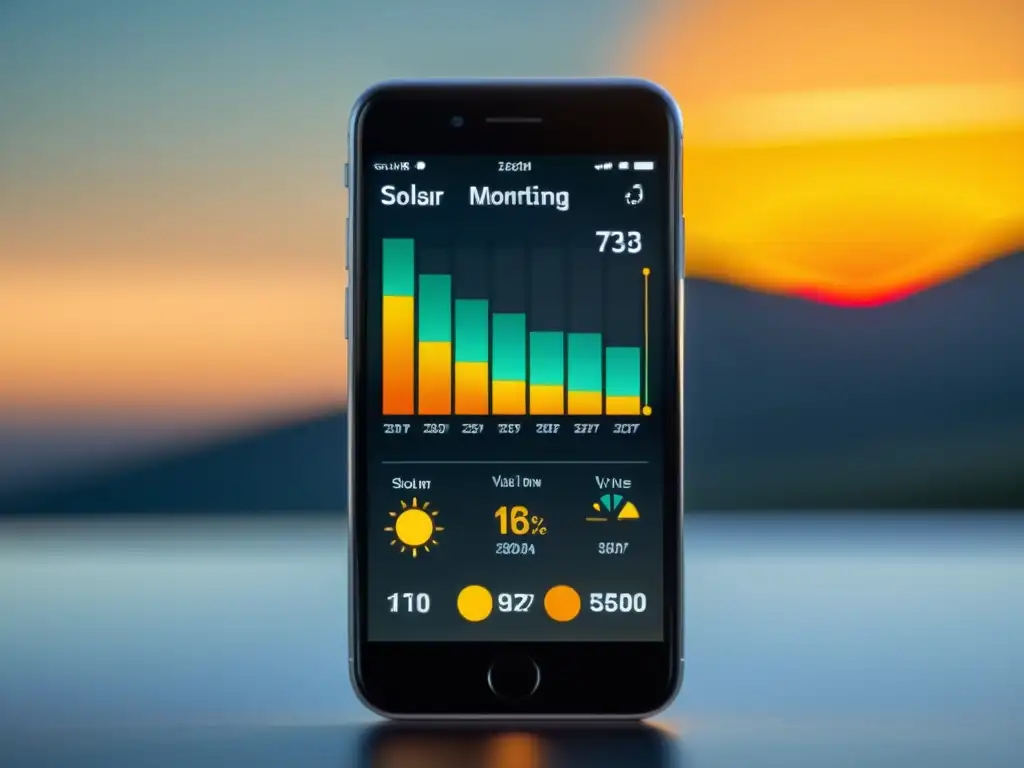 Un smartphone moderno muestra una app de monitorización solar para hogar sostenible con diseño sofisticado y datos en tiempo real