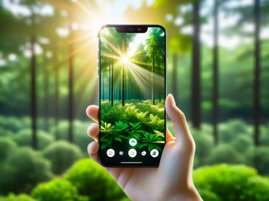 Un smartphone moderno muestra una imagen detallada de un bosque verde, con un cálido resplandor