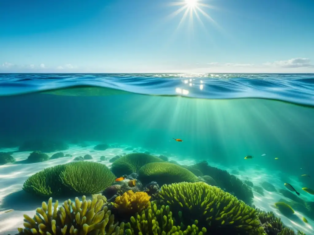 Bajo el sol brillante, una alga verde flota en el vasto océano, rodeada de peces y vida marina