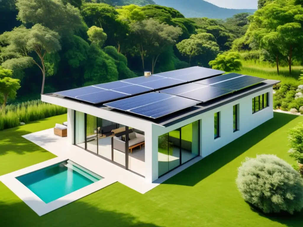 Solar panels on modern eco-friendly home surrounded by lush greenery, integrando sistemas de almacenamiento para hogares verdes