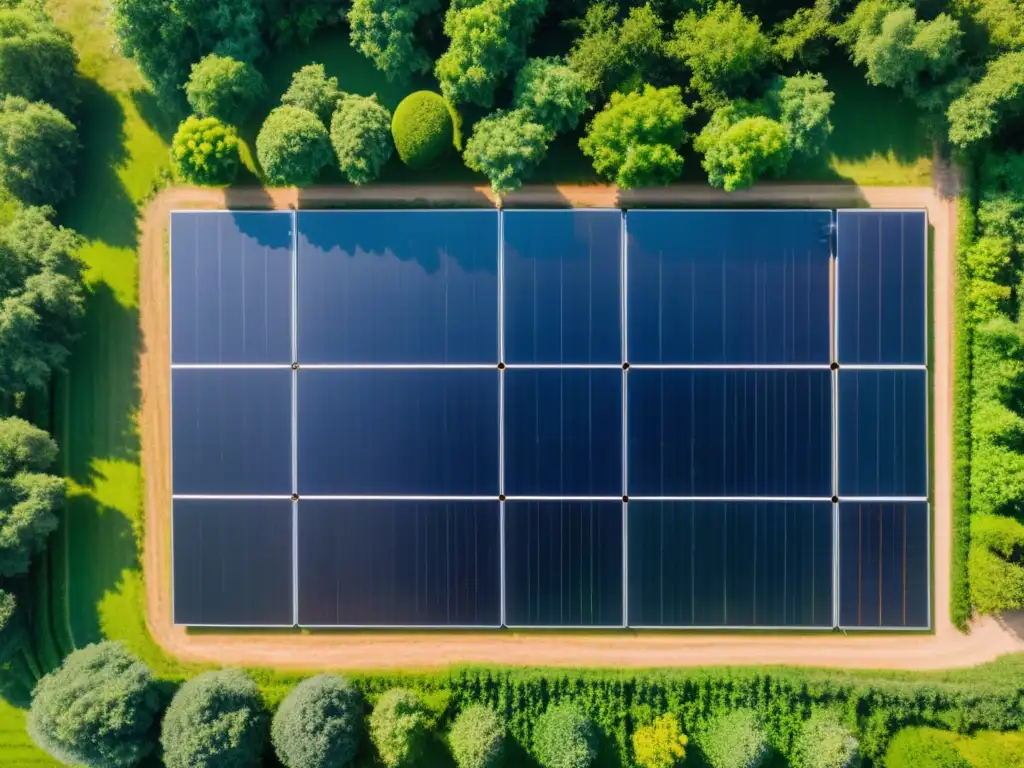 Instalación solar en entorno rural, paneles reflejan la luz entre vegetación exuberante, armonía entre energía solar y huella ecológica