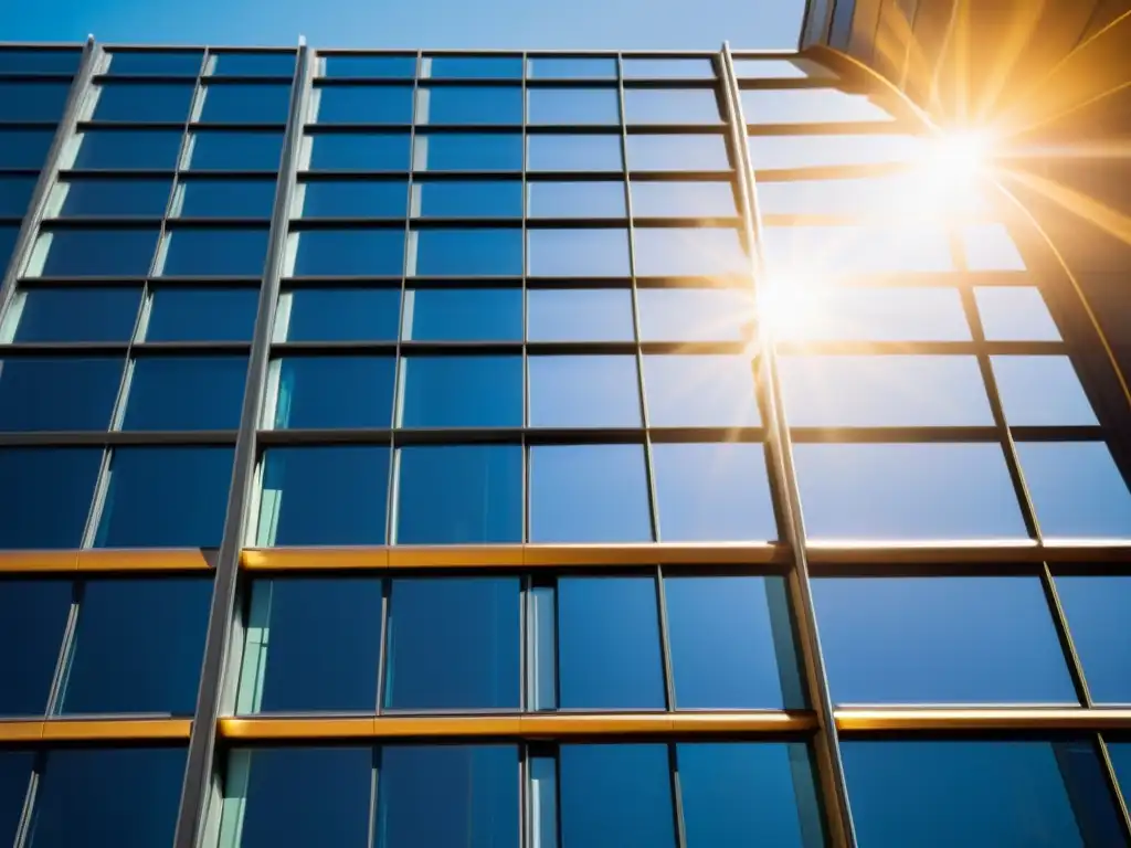 Solar panel integrado en ventana de edificio sostenible, reflejando la ciudad