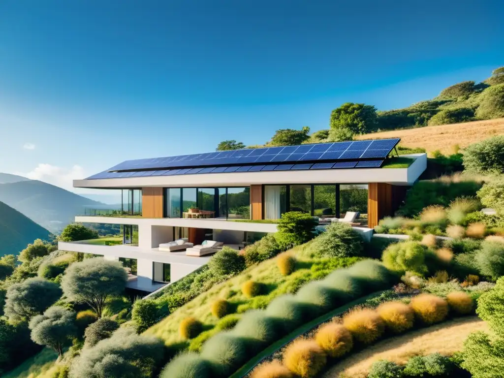 Calefacción solar pasiva para el hogar: Casa moderna con paneles solares, rodeada de naturaleza y ventanas panorámicas