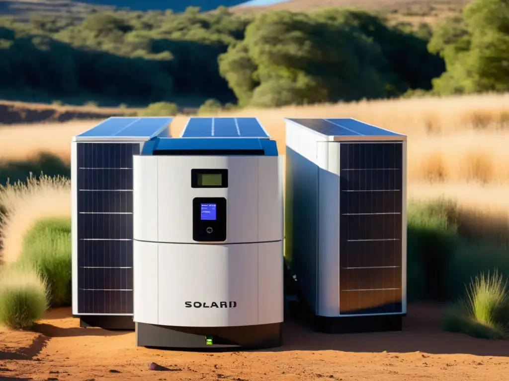 Soluciones almacenamiento energía fuera red: sistema solar offgrid armonioso y sostenible en entorno natural