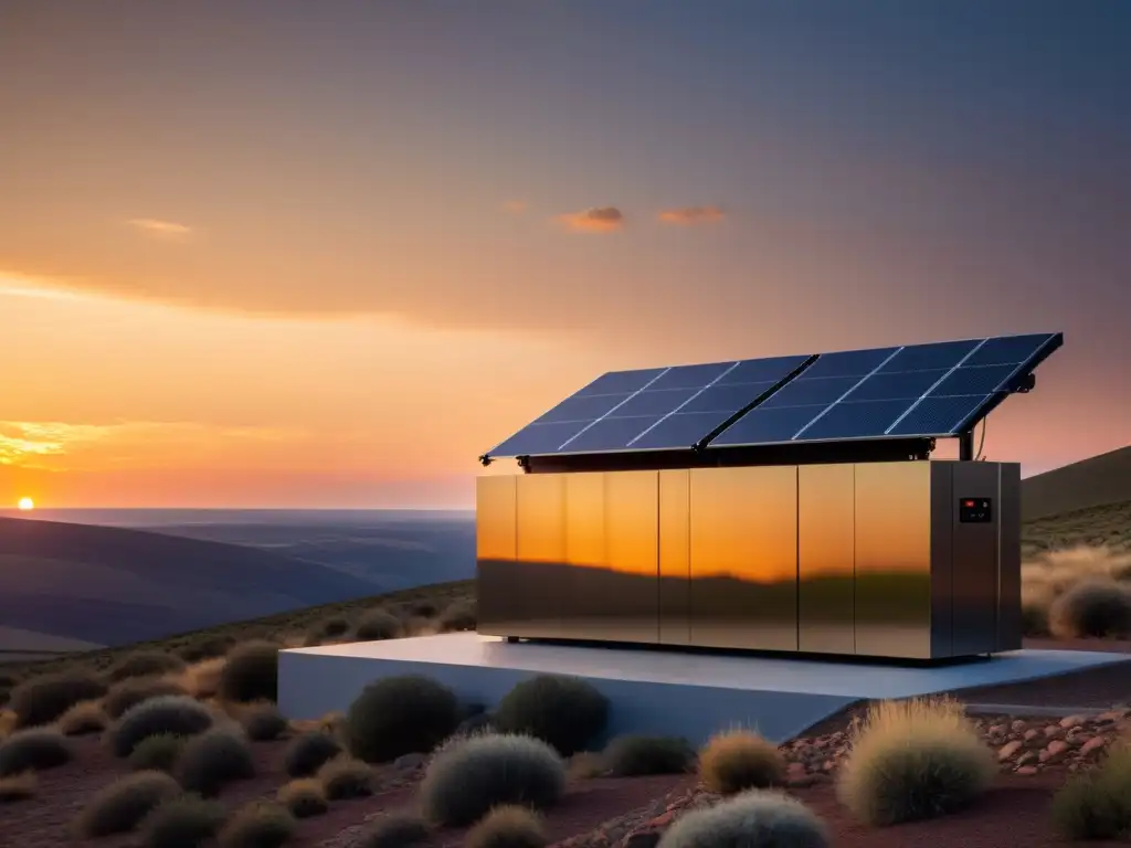 Soluciones de almacenamiento de energía solar: Atardecer vibrante sobre moderno sistema de baterías, equilibrio entre tecnología y naturaleza