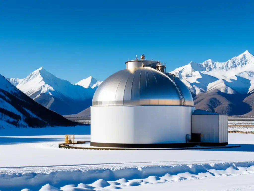 Soluciones innovadoras almacenamiento térmico climas extremos: tanque de almacenamiento térmico industrial en paisaje nevado y desolado