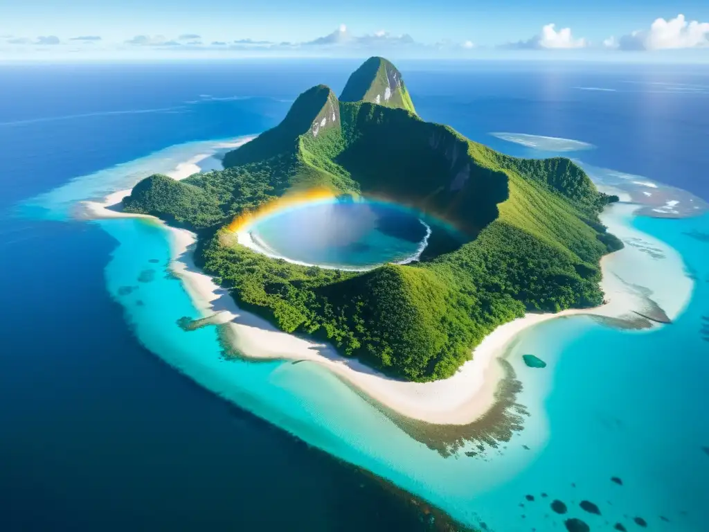 Sostenibilidad energética en islas del Pacífico: Vista aérea de una remota isla del Pacífico, rodeada de aguas cristalinas y vegetación exuberante, bañada por la luz dorada del sol con un arcoíris al fondo