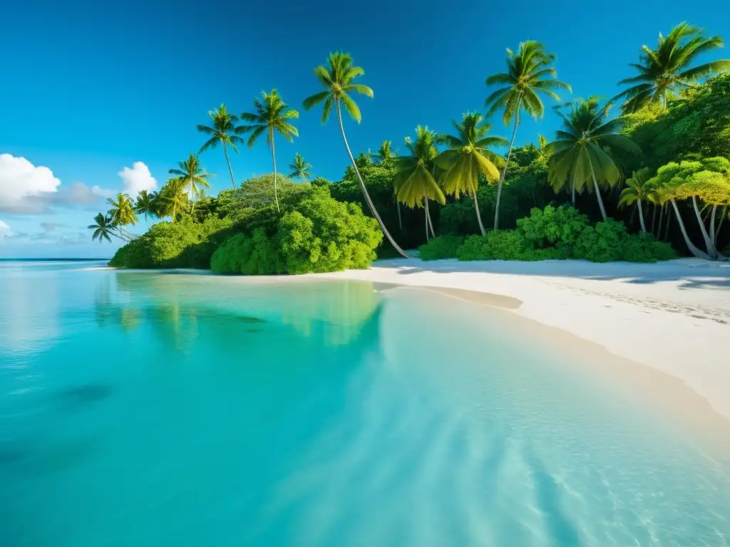 Sostenibilidad energética en islas del Pacífico: Imagen de una isla tropical con playas de arena blanca, agua turquesa y palmeras bajo cielo azul