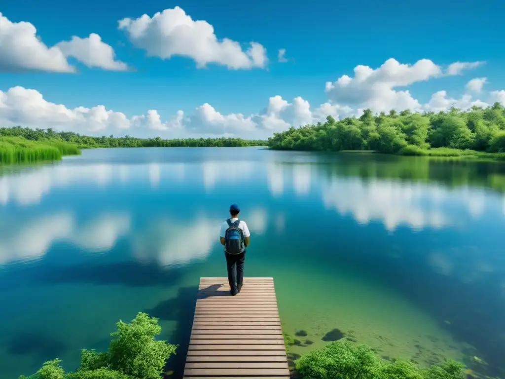 Gestión sostenible del agua en bioenergía: un lago sereno rodeado de exuberante vegetación refleja un cielo azul y nubes blancas