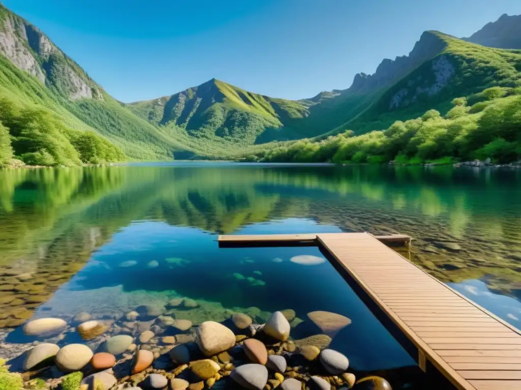 Gestión sostenible del agua en bioenergía: Lago cristalino rodeado de montañas verdes, reflejando un cielo azul vibrante