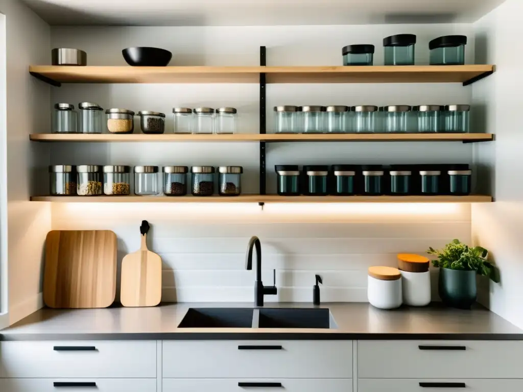 Organización sostenible en cocina minimalista con utensilios reutilizables y luz natural