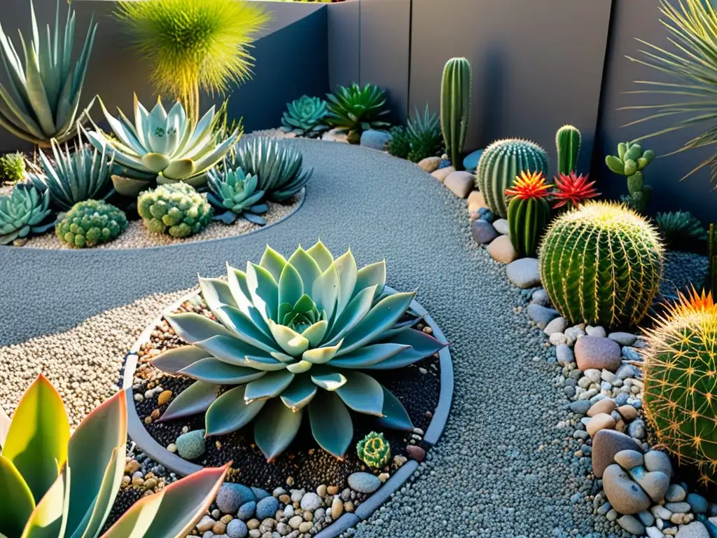 Un jardín sostenible bajo consumo agua con suculentas y cactus en patrones geométricos, iluminado por suave luz solar