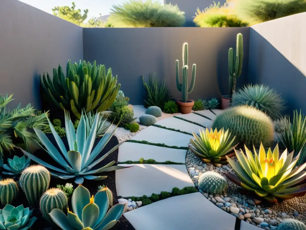 Jardín sostenible bajo consumo agua con plantas resistentes a la sequía, sendero permeable y tonos terrosos, transmite tranquilidad y ecoamigable