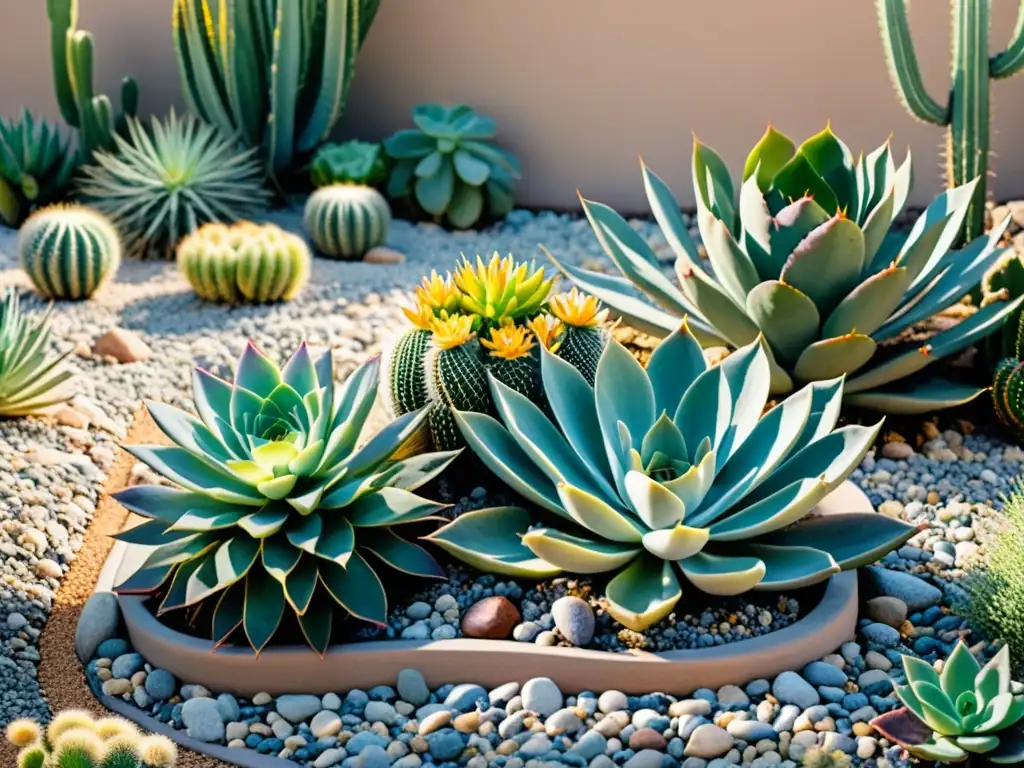 Un jardín sostenible bajo consumo agua, con plantas, cactus y suculentas en armonía, bañado por la suave luz del sol