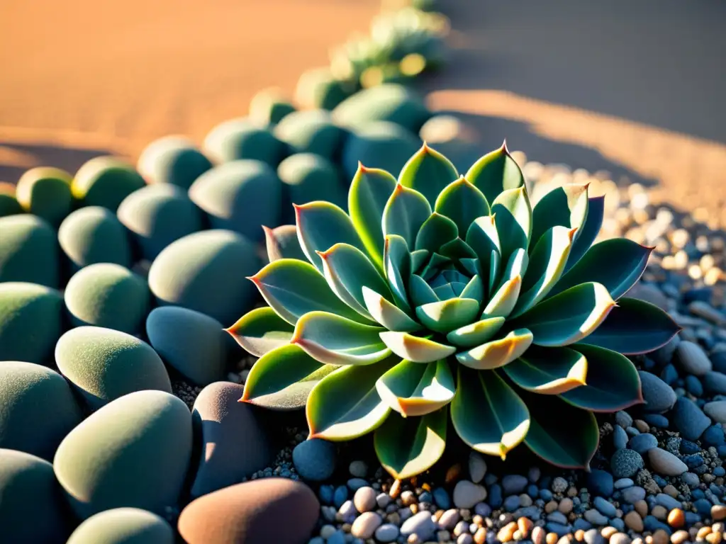 Un jardín sostenible bajo consumo de agua, con suculentas vibrantes en un diseño geométrico, bañadas por la luz del sol