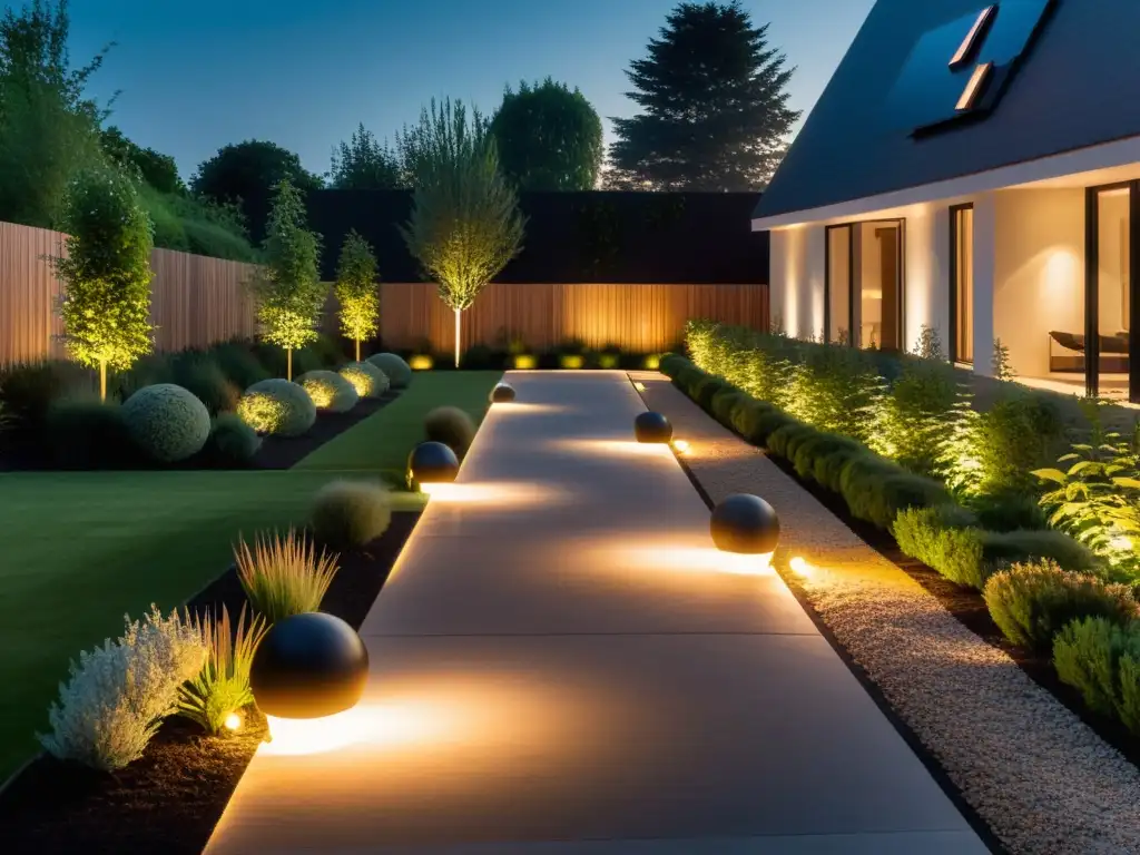 Jardín sostenible iluminado por innovaciones en iluminación eficiente para hogar sostenible al atardecer