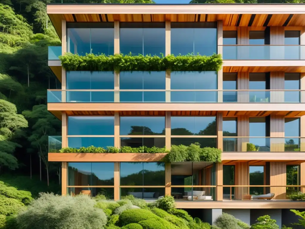 Construcción sostenible con madera certificada: Edificio moderno integrado en la naturaleza, resaltando la textura y grano natural de la madera